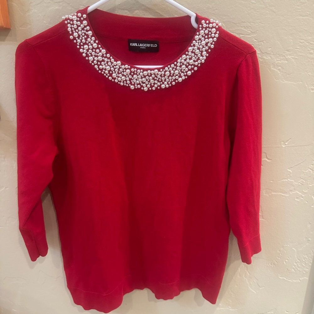 Karl Lagerfeld Red Pearl-Embellished rayon sweater valentine elegant 3/4 sleeve